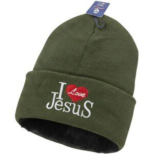 I Love Jesus Winter Hat Embroidered Skull Beanie Cap Warm Lined, Green, NWT